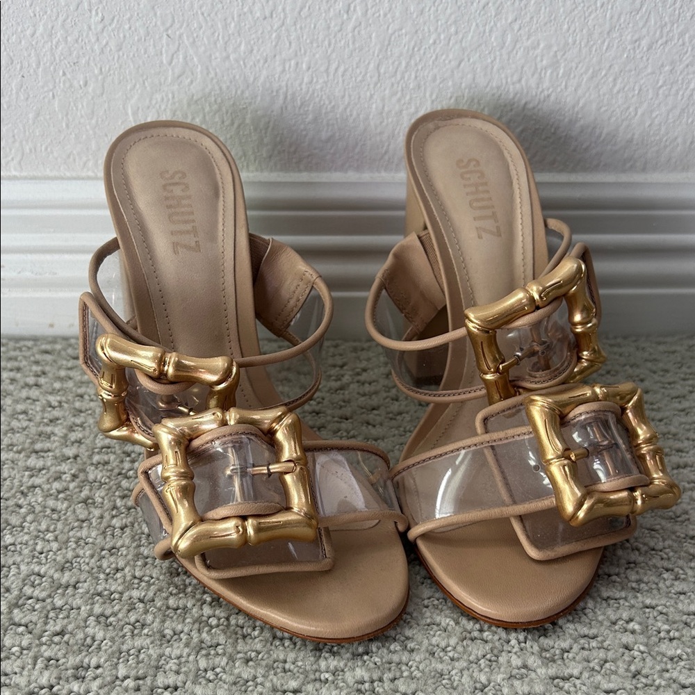SCHUTZ Gold and Tan Heeled Sandals